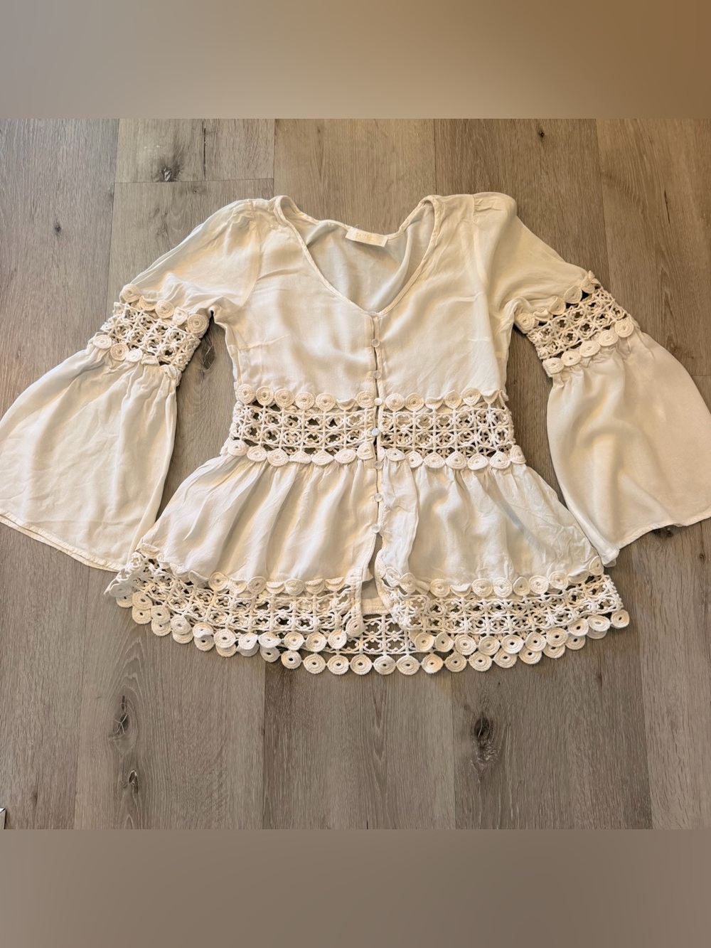 Entro Boho Crochet Lace Peplum Bell Sleeve Blouse